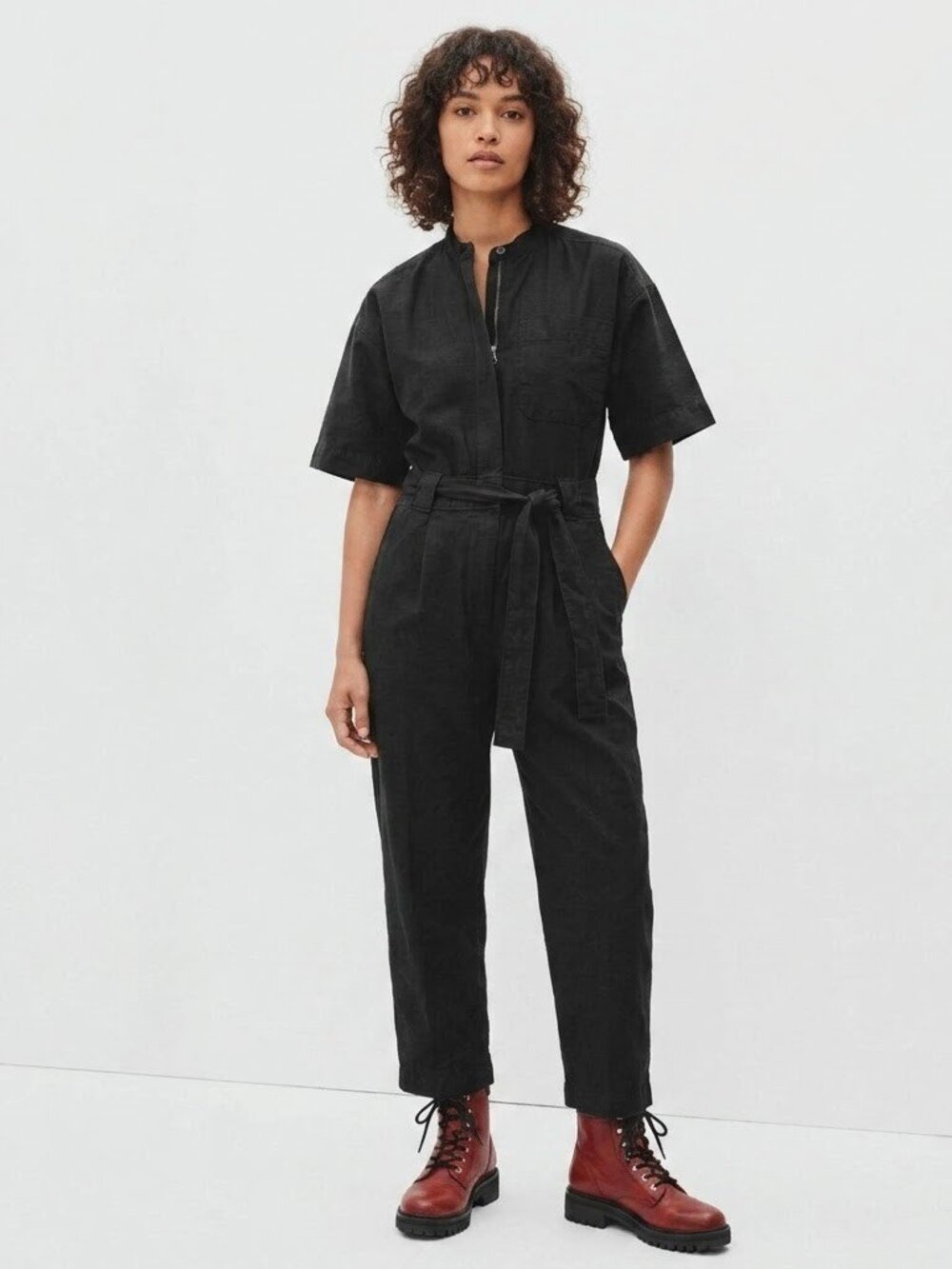 NWT Everlane The Fatigue Short-Sleeve Jumpsuit in Black Belted Cotton Utility 00